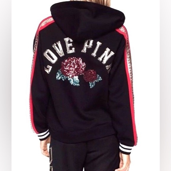 PINK Victoria’s Secret Black sequin rose flower hoodie pullover sweatshirt - Picture 1 of 6